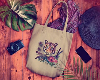 Bolsa de algodón con estampado vintage de acuarela dibujado a mano de cabeza de tigre, plumas y flores.