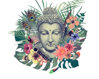 Póster con ilustración de cabeza de Buda en acuarela