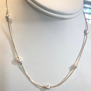 Vintage 1960s New Old Stock Gold Plate Faux Pearl Heart Necklace 16” 5mm