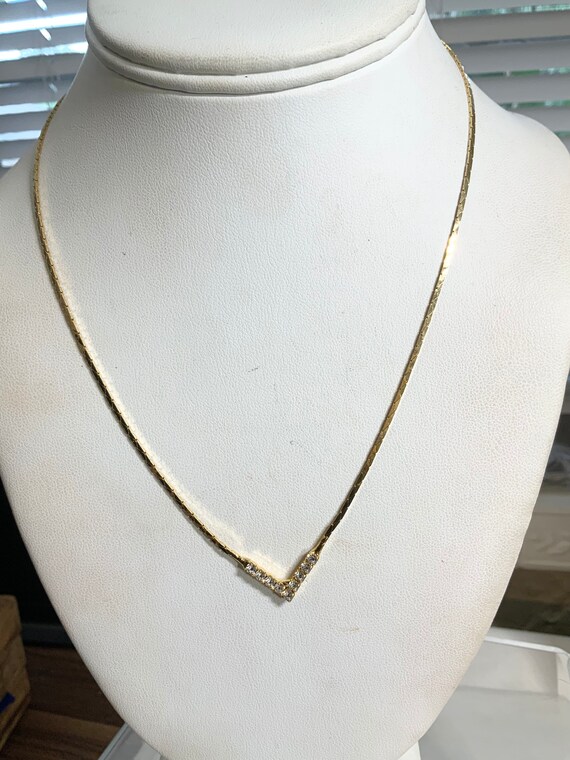 Vintage 1960s Yellow Gold Plate New Old Stock Clear Rhinestone V Necklace 19” 2mm