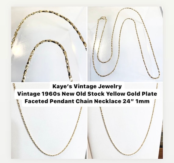 Vintage 1960s New Old Stock Yellow Gold Plate Faceted Pendant Chain Necklace 24” 1mm