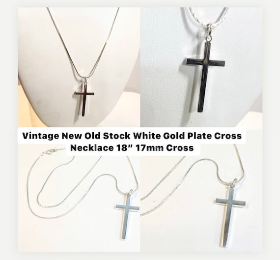 Vintage 1960s New Old Stock White Gold Plate Cross Necklace 18” 17mm Cross