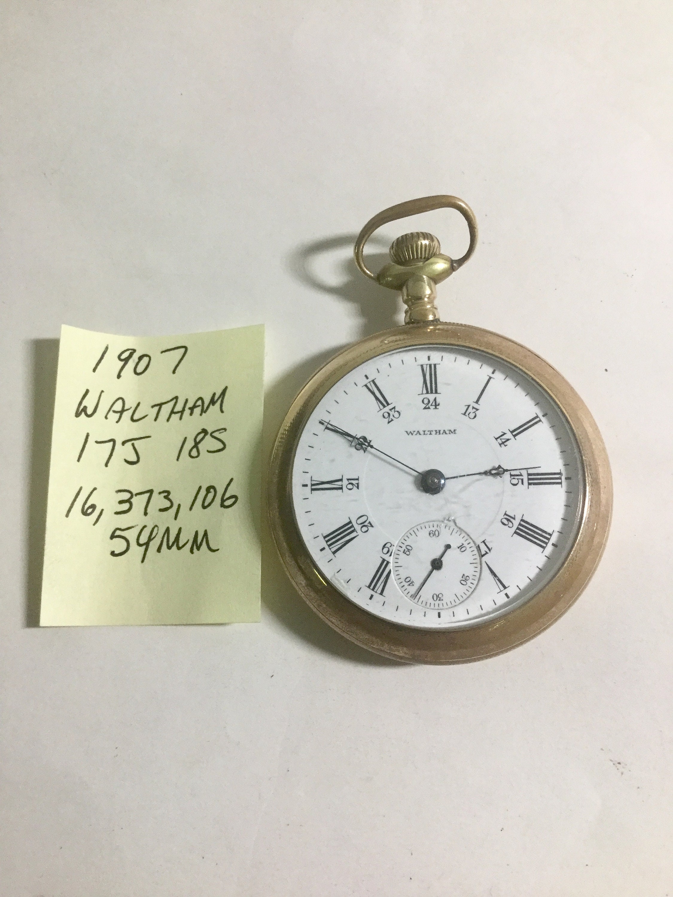 1907 Waltham Pocket Watch 24 Hour Porcelain Dial 18 Size 54mm Gold Filled Case Needs Repair Running