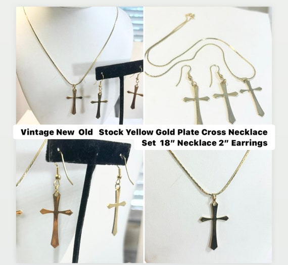 Vintage 1960s Yellow Gold Plate New Old Stock Cross Necklace Set 18” 19mm x1” 2” Earrings