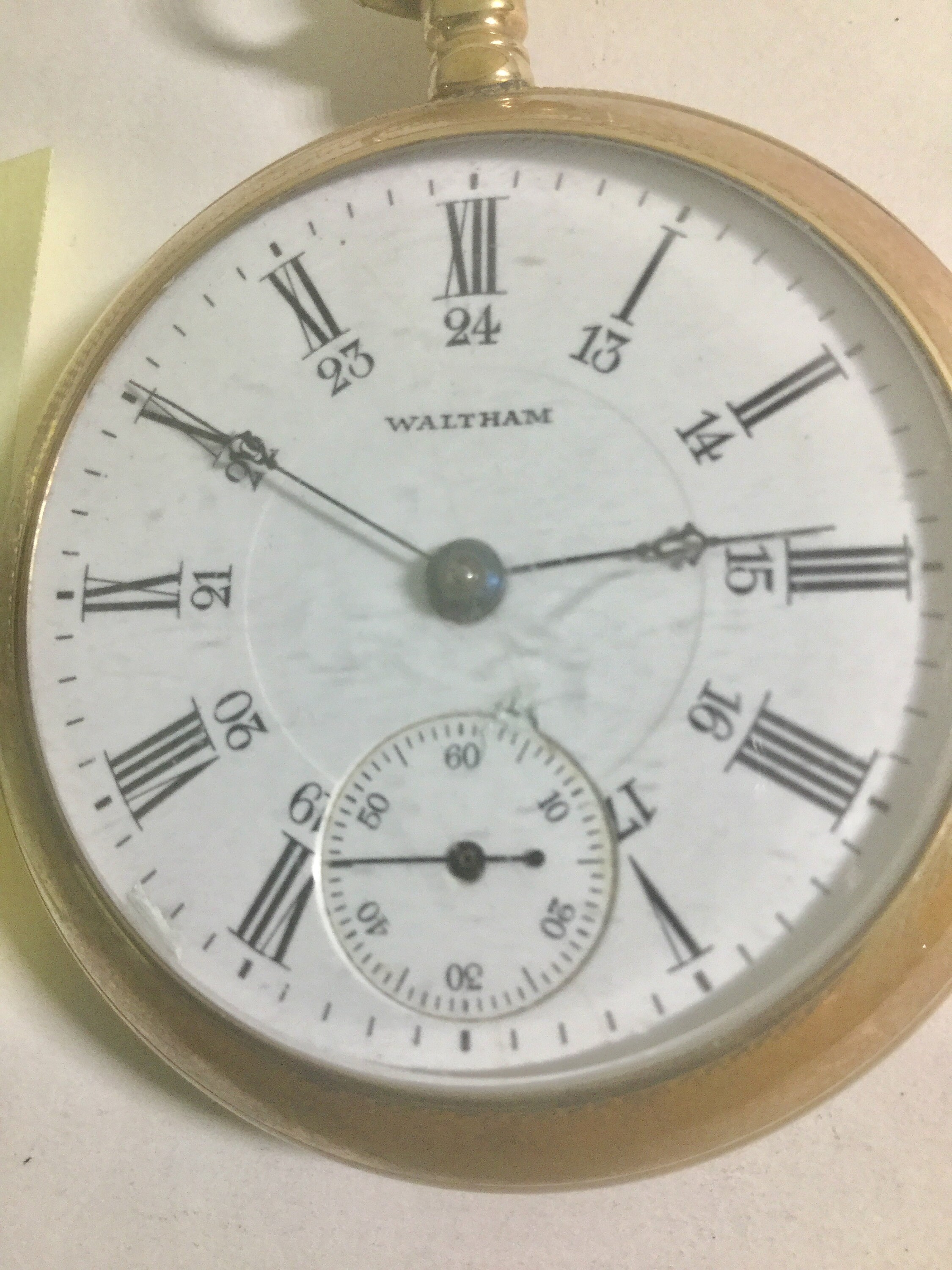 1907 Waltham Pocket Watch 24 Hour Porcelain Dial 18 Size 54mm Gold