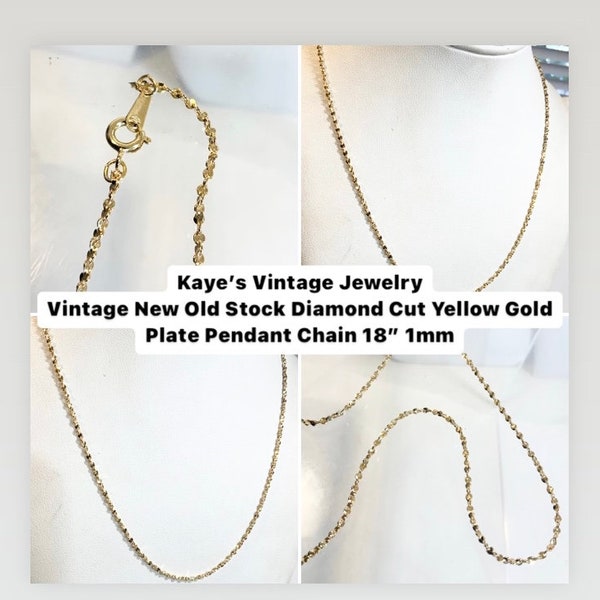 vintage années 1960 New Old Stock Yellow Gold Plate Diamond Cut Pendentif Chaîne 18 » 1mm