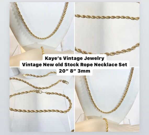 Vintage 1960s New Old Stock Yellow Gold Plate Rope Chain Necklace Set 20” 8” 3mm