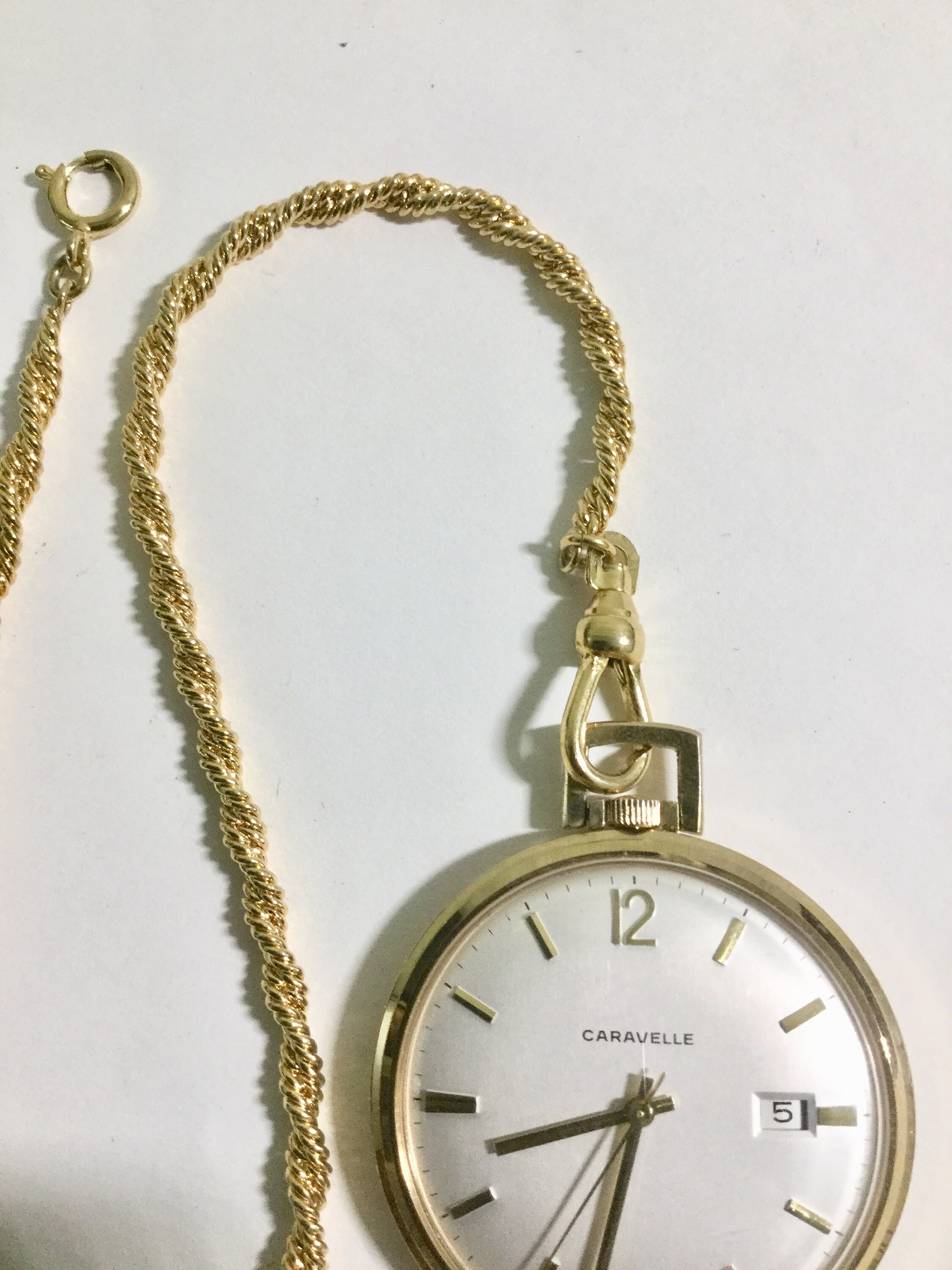 Vintage 1973 Bulova Caravelle Gold Tone Pocket Watch 41mm with 13 Inch