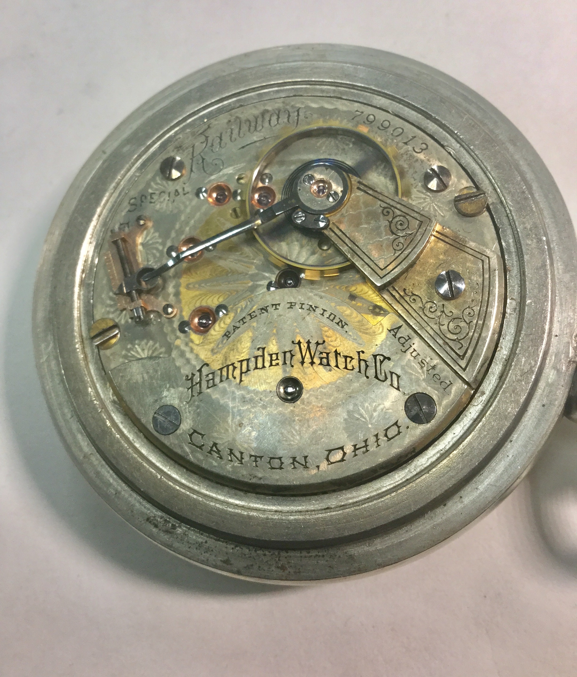 1874 Hampden Railway Pocket Watch 17J 18S 59mm Train Case