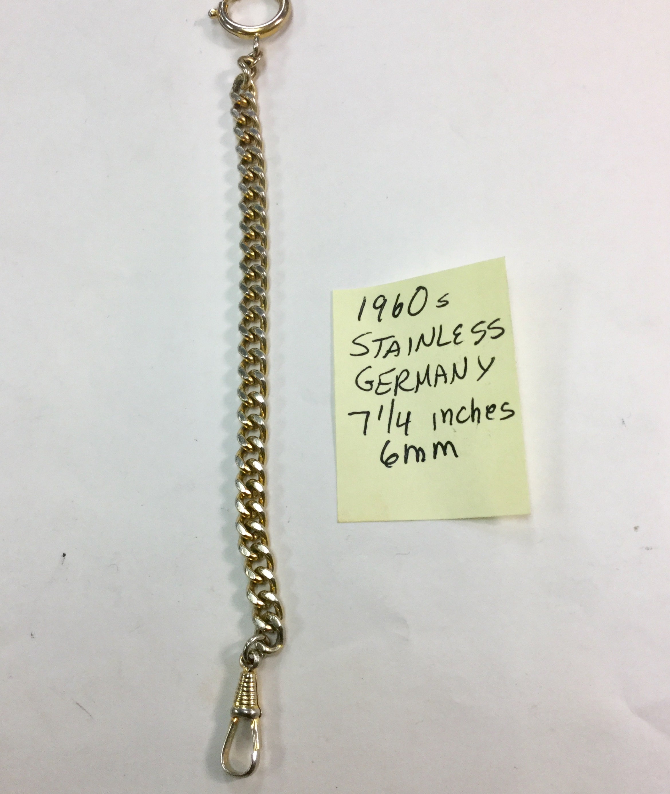1960s Stainless Steel Pocket Watch Chain signed Germany 7 1/4 inches 6mm