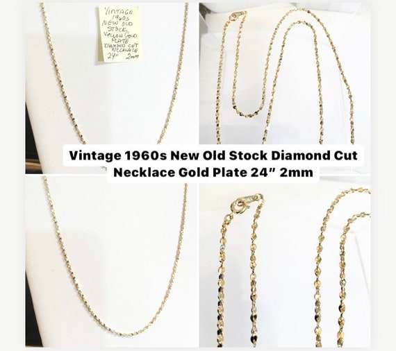 Vintage 1960s New Old Stock Yellow Gold Plate Diamond Cut Necklace 24” 2mm