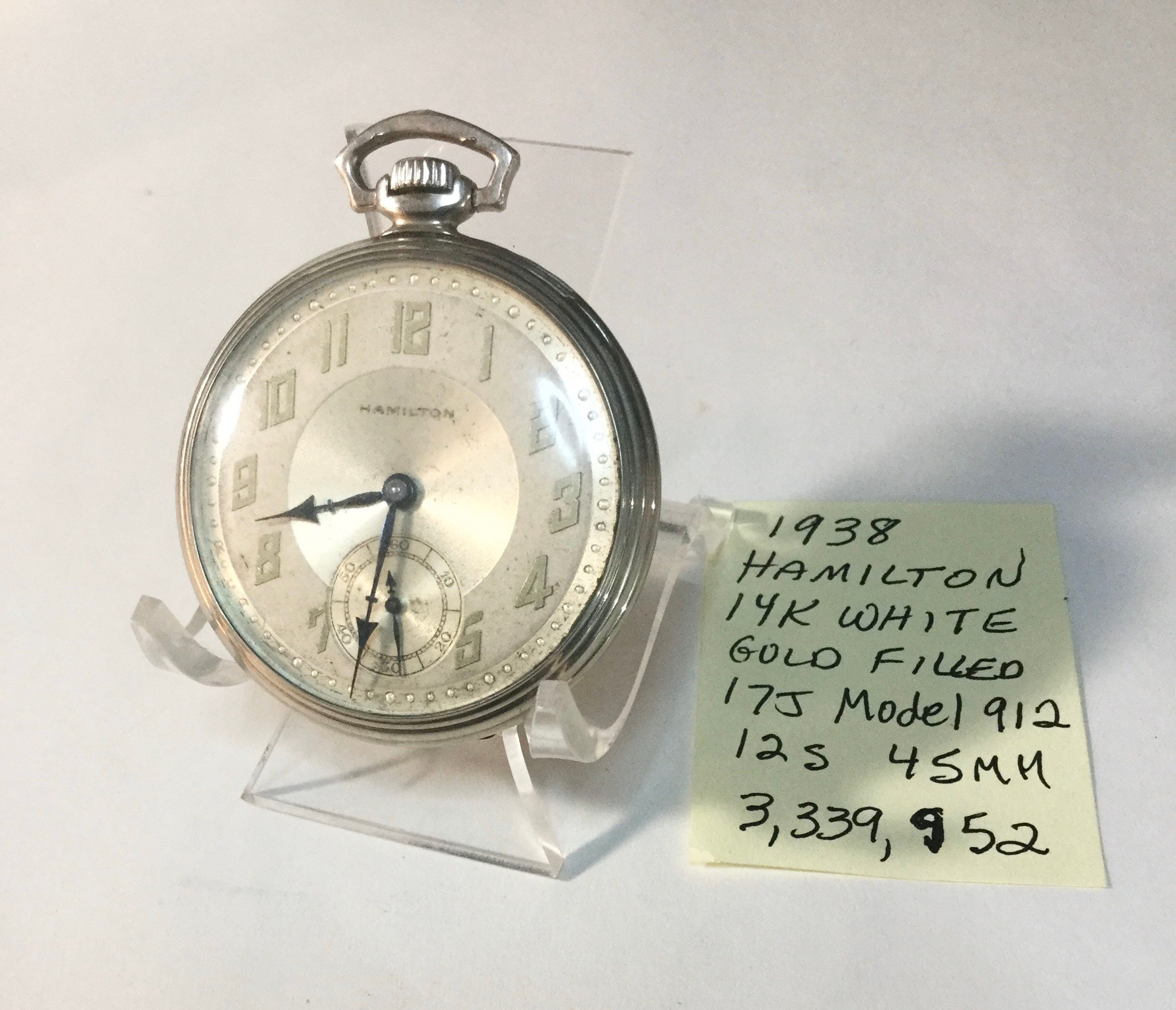 1938 Hamilton Pocket Watch 17J M912 12S White Gold Filled 45mm Running