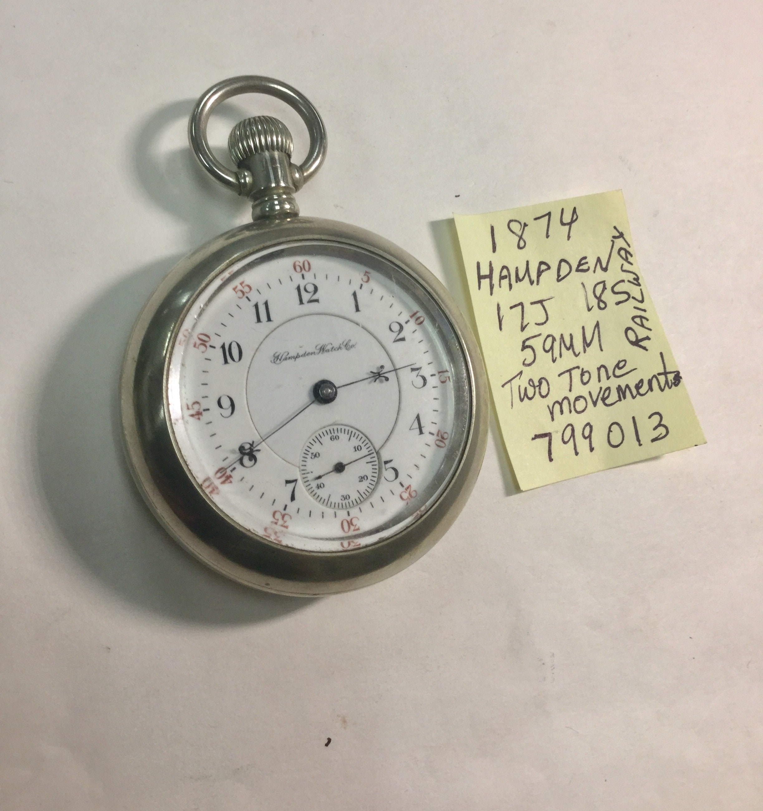 1874 Hampden Railway Pocket Watch 17J 18S 59mm Train Case