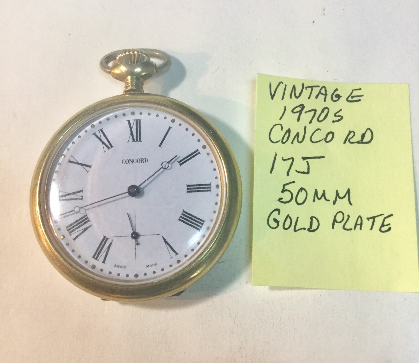 1970s Concord Swiss Pocket Watch 17J 50mm Gold Plate Case Running