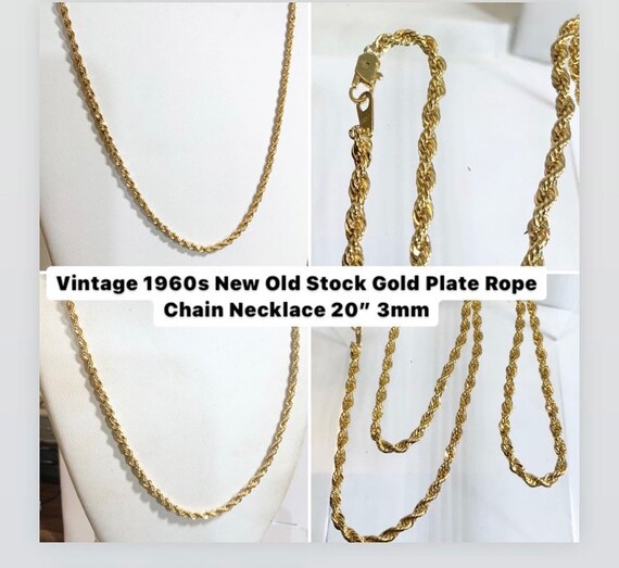 Vintage 1960s New Old Stock Yellow Gold Plate Rope Chain Necklace 20” 3mm