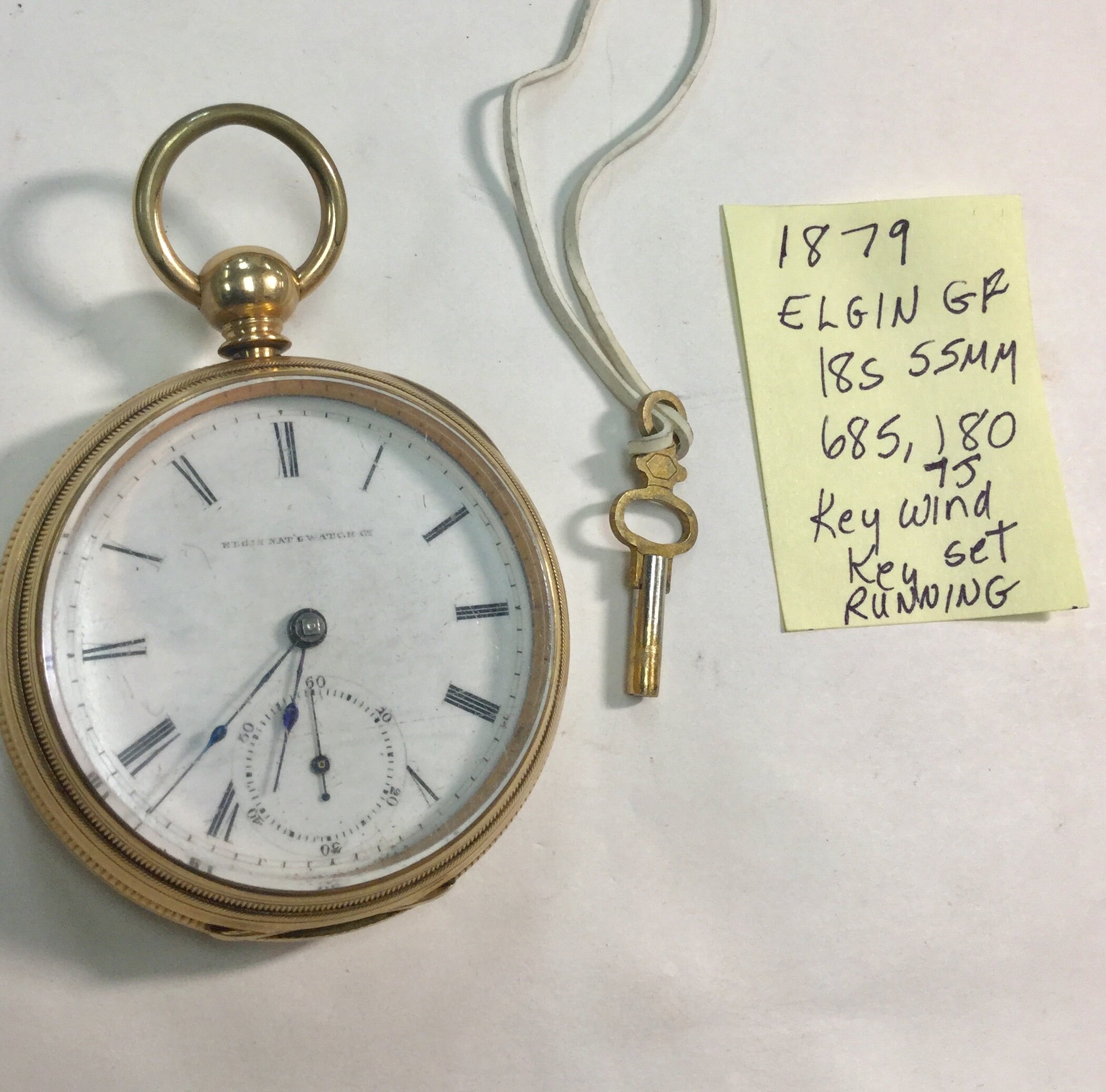 1879 Elgin Gold Filled Pocket Watch Key Wind Key Set 7 Jewel 18S 55mm