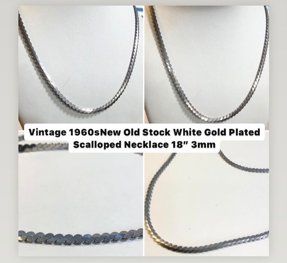 Vintage 1960s New Old Stock White Gold Plate Scalloped Necklace 18” 3mm