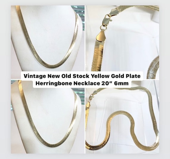Vintage 1960s New Old Stock Yellow Gold Plate Herringbone Necklace 20” 6mm