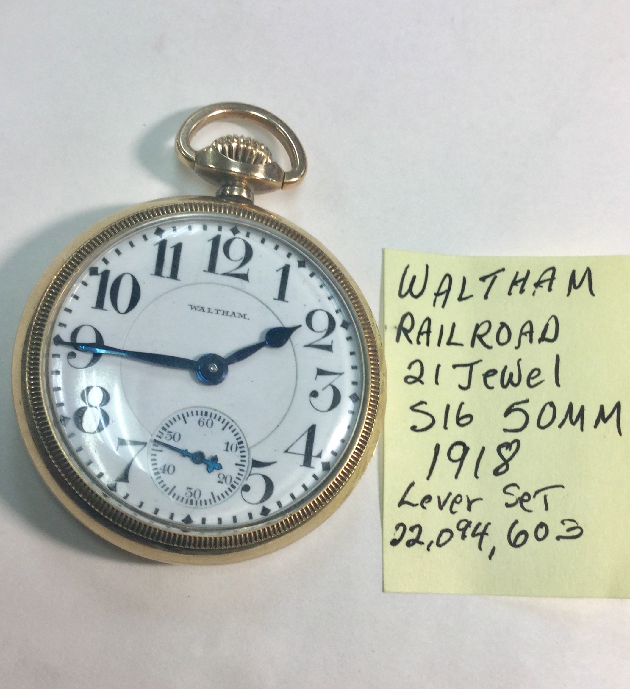 1918 Waltham Pocket Watch Railroad Grade 21J 16S 50mm Running