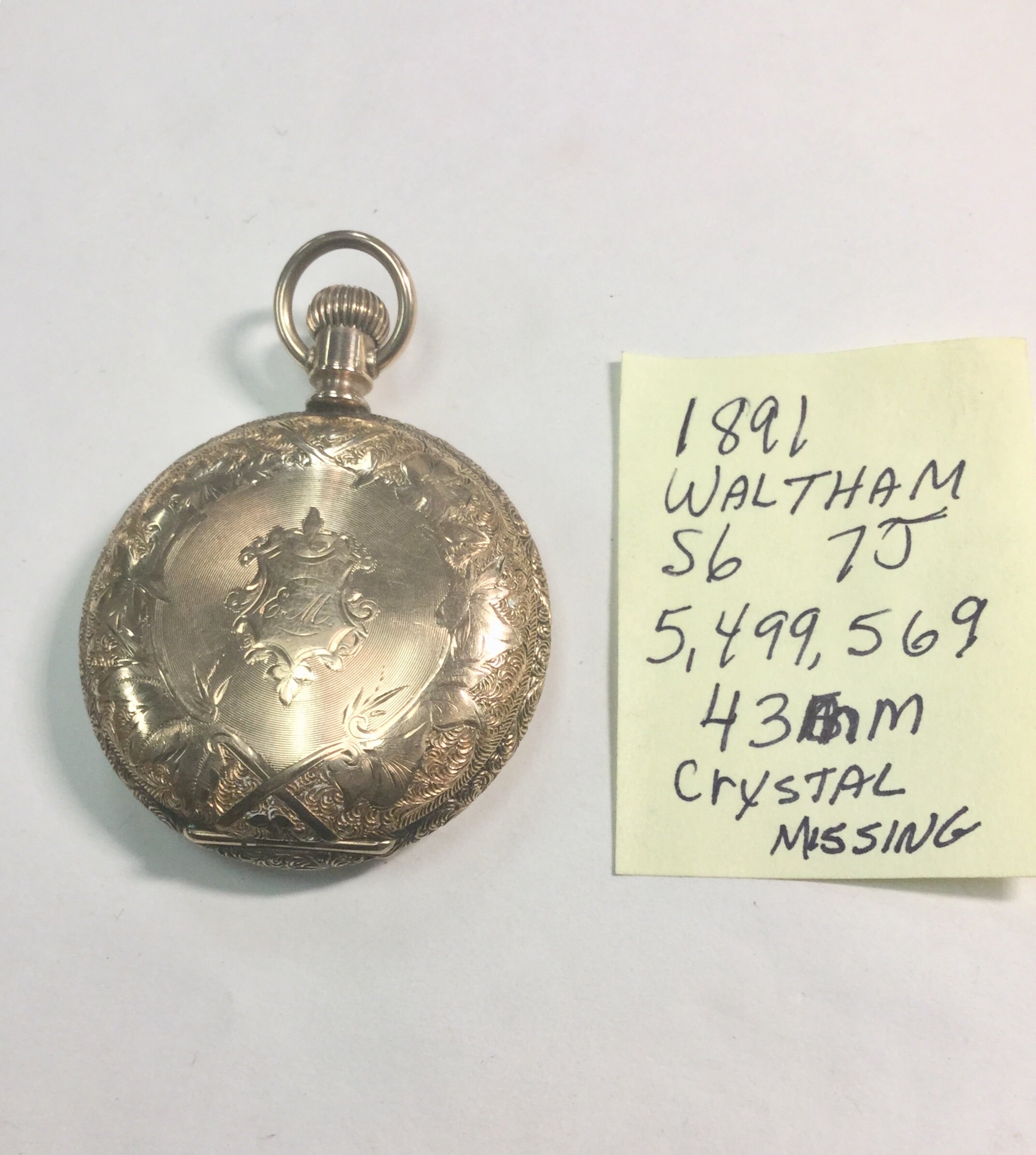 1891 Waltham Pocket Watch Gold Filled Hunting Case 7J 6S 43mm Running