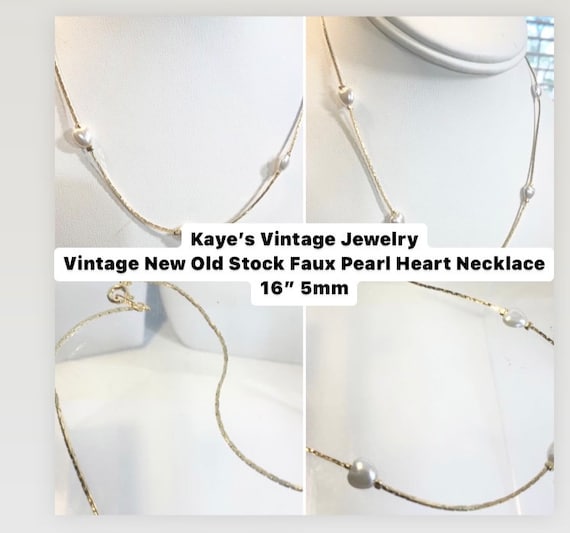 Vintage 1960s New Old Stock Gold Plate Faux Pearl Heart Necklace 16” 5mm