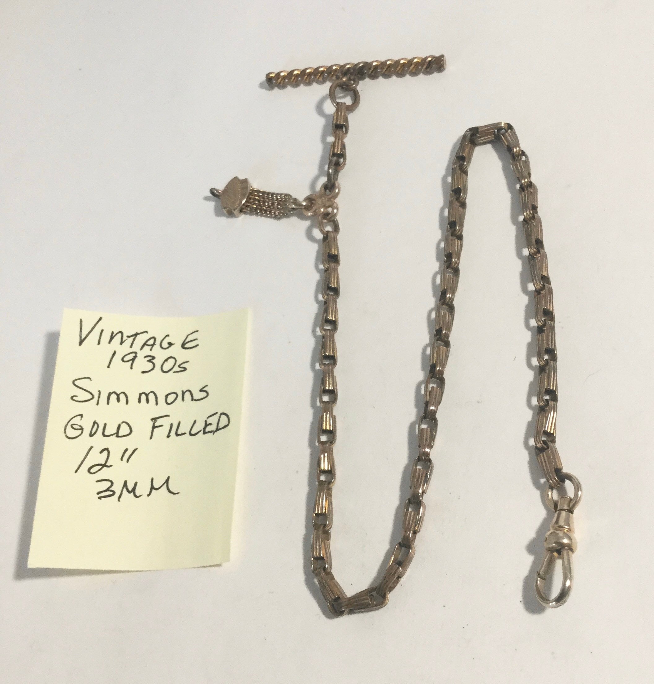 Vintage 1930s Simmons Gold Filled Pocket Watch Chain 12” 3mm