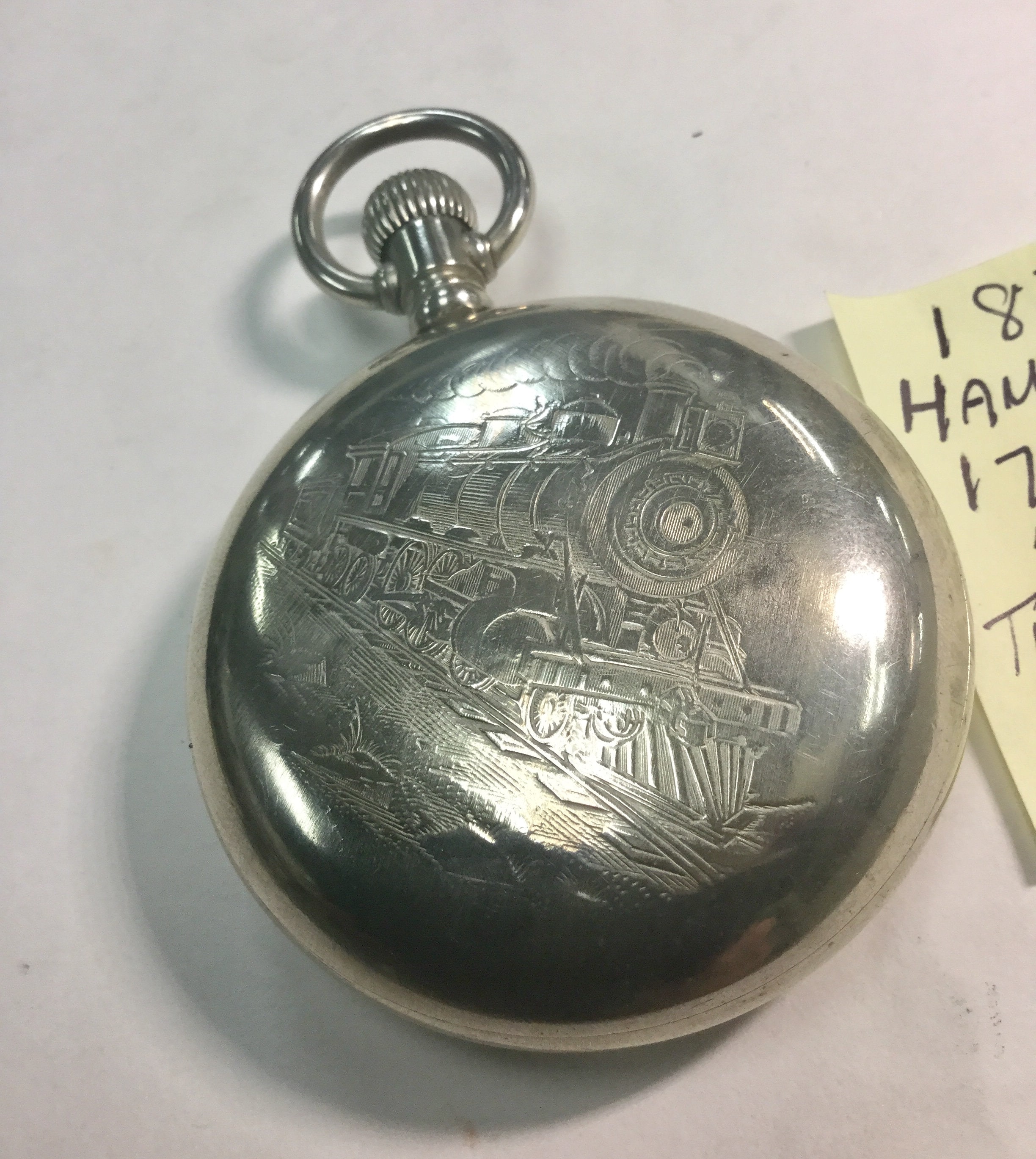 1874 Hampden Railway Pocket Watch 17J 18S 59mm Train Case