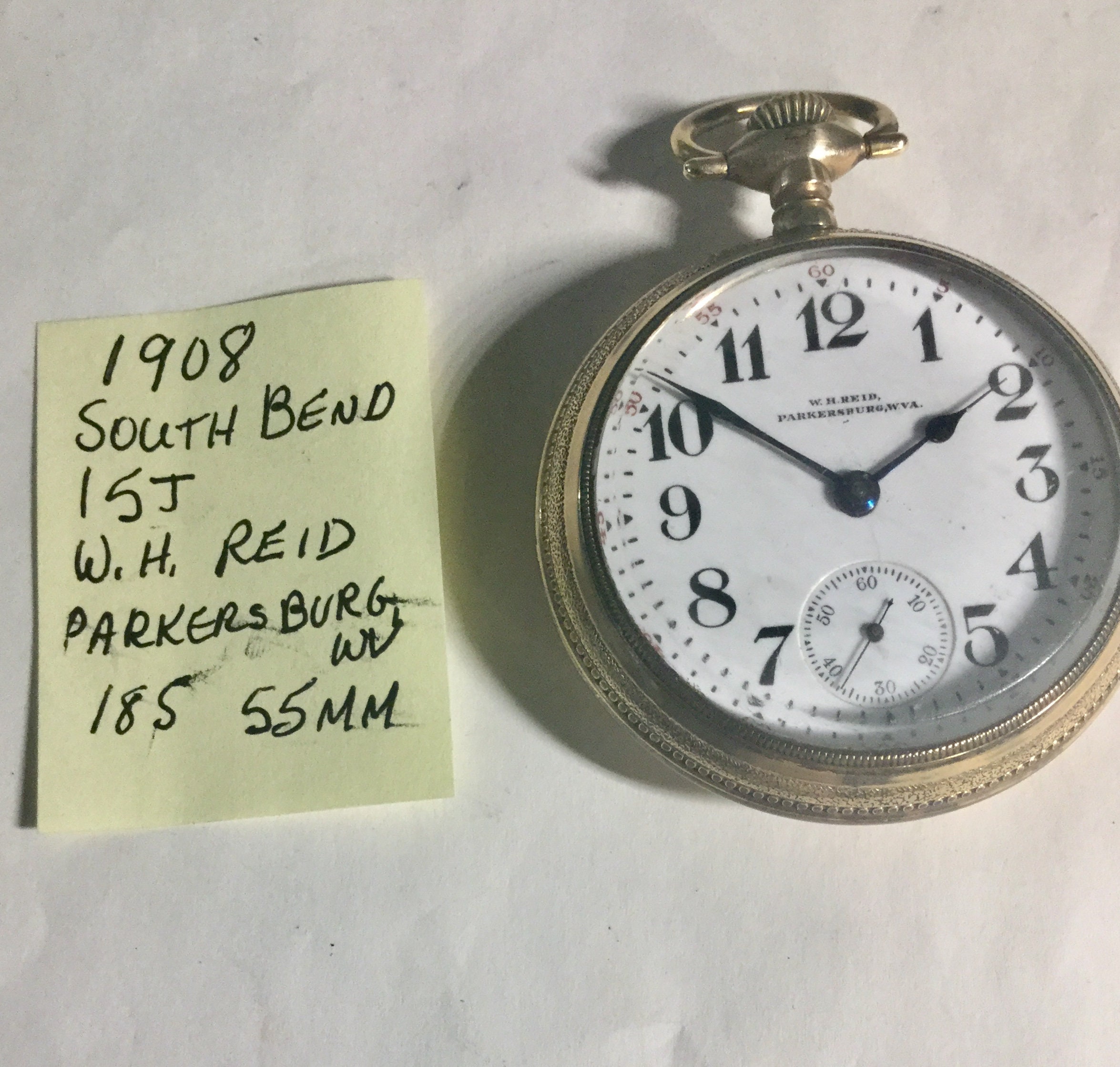 1908 South Bend Pocket Watch Retailed by WH Reid Parkersburg W Va 18S