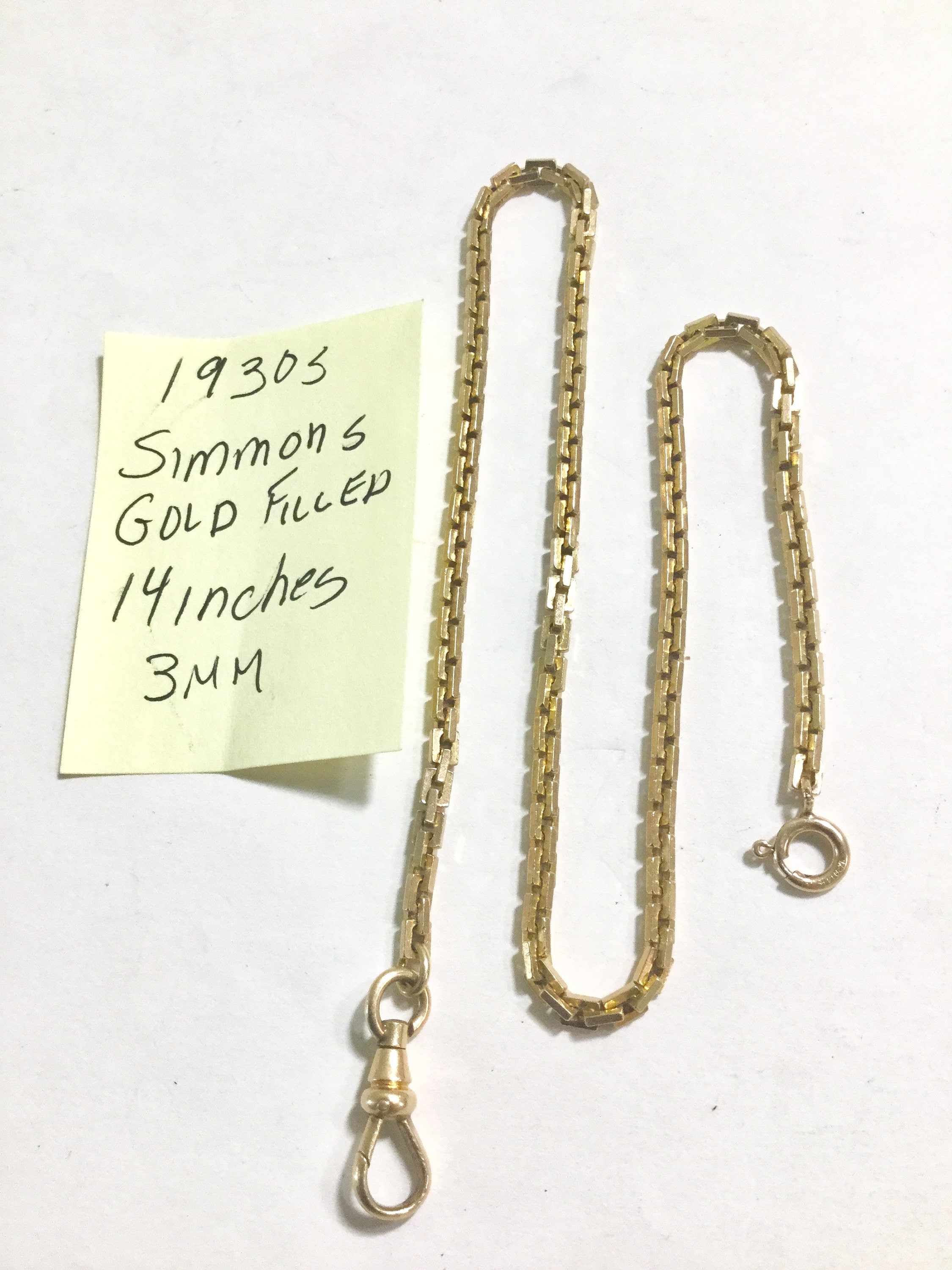 1930s Simmons Gold Filled Pocket Watch Chain 14 inches 3mm