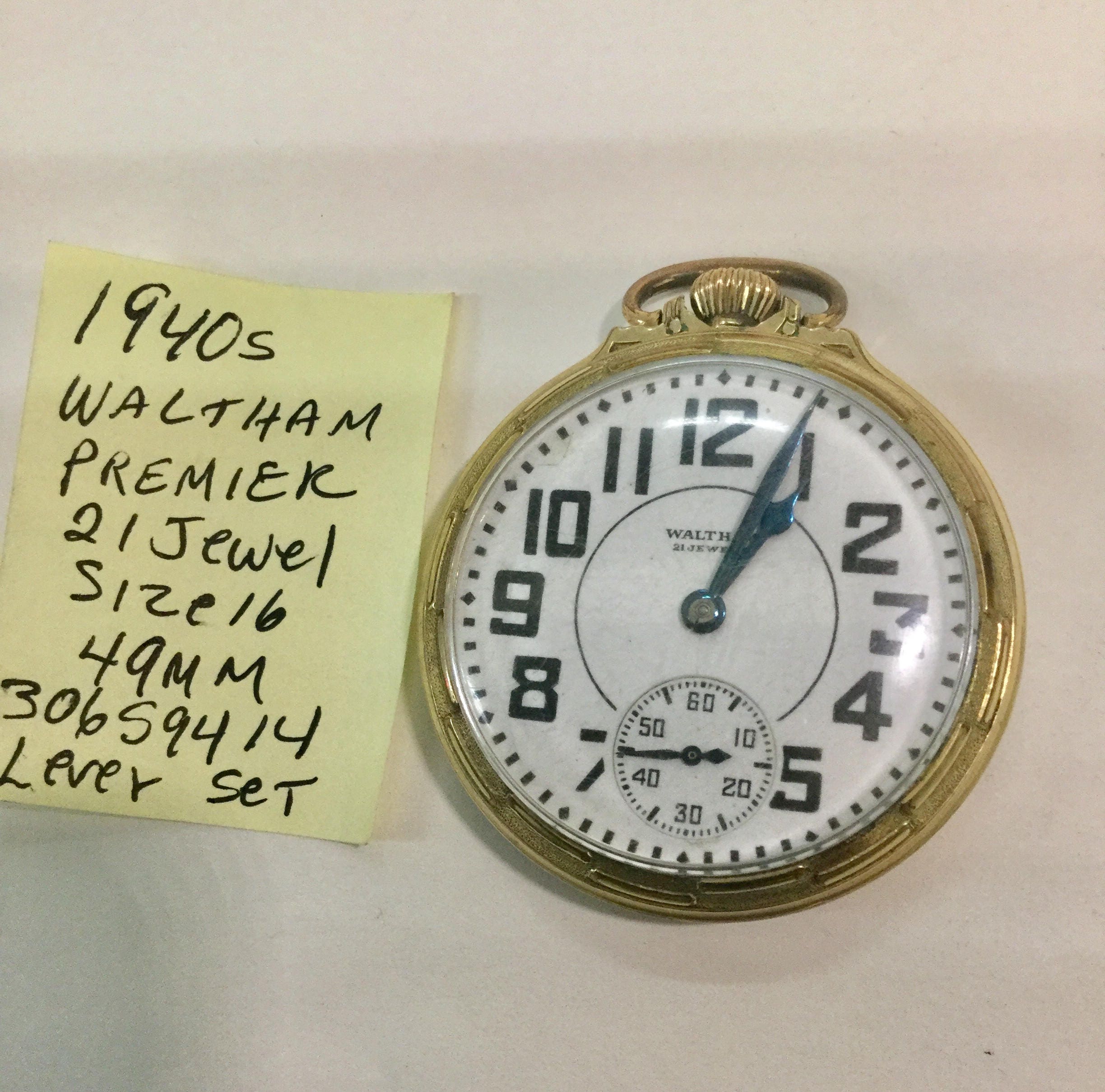 1940 Waltham Premier 21 Jewel Railroad Pocket Watch Gold Fill Case size