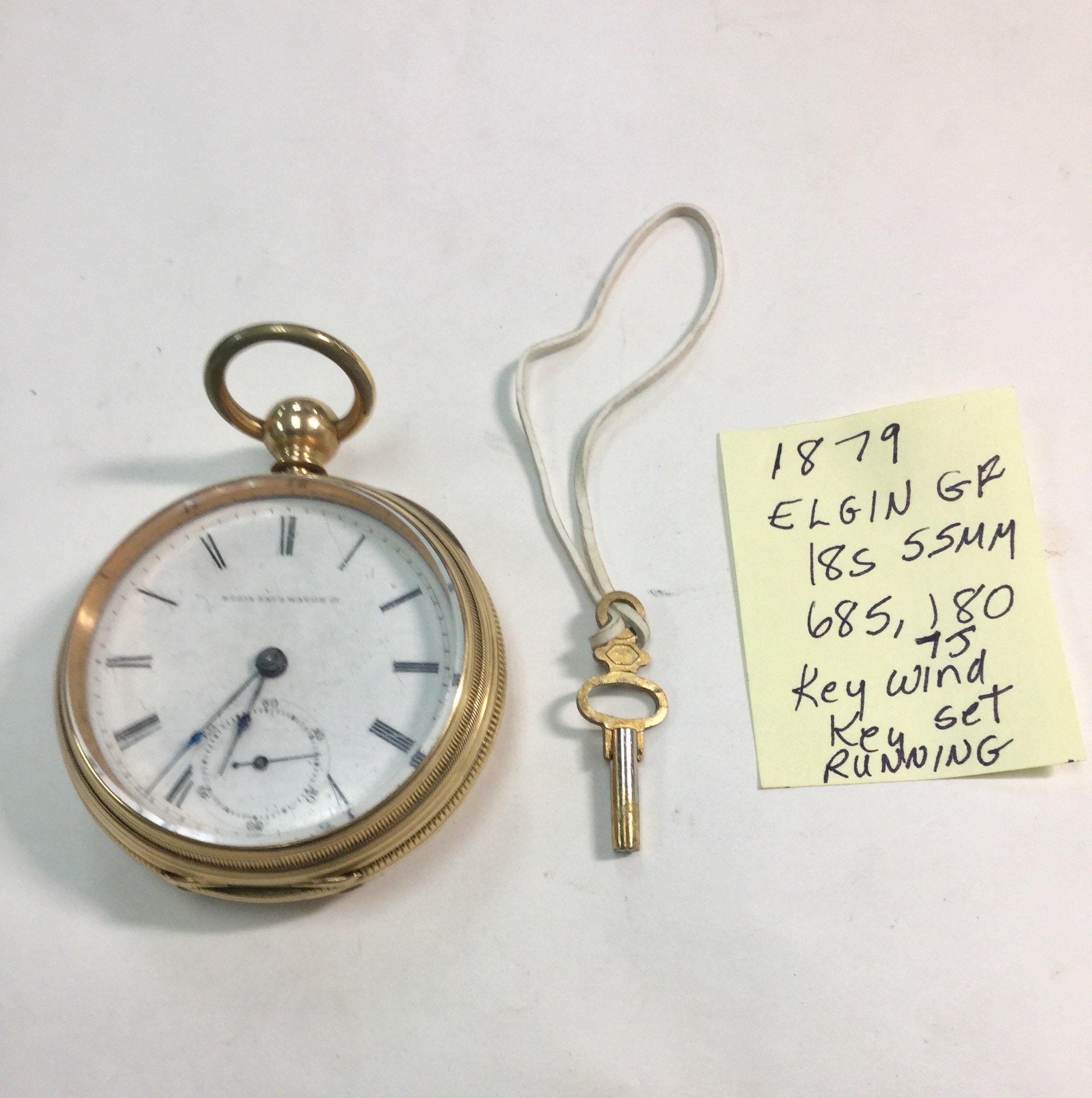 1879 Elgin Gold Filled Pocket Watch Key Wind Key Set 7 Jewel 18S 55mm Running
