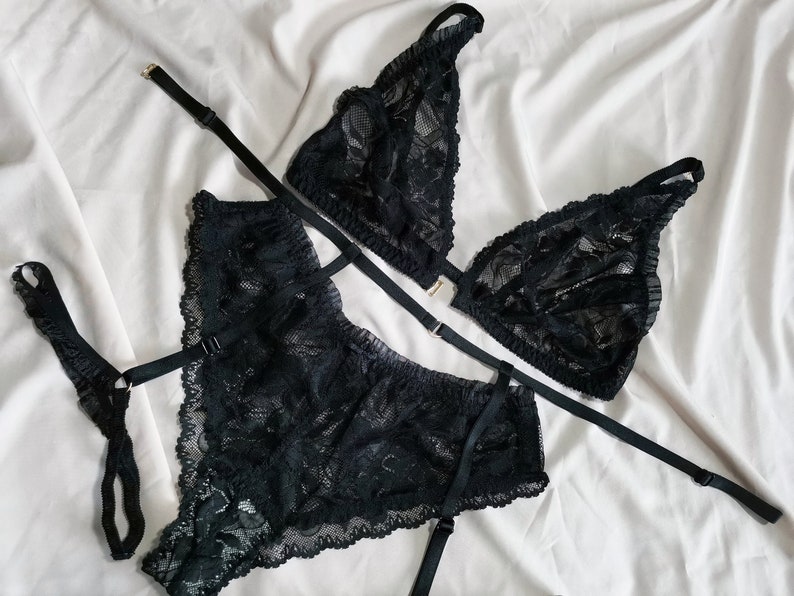 Garter bra set Sexy lingerie set 3 pc lingerie set Black | Etsy