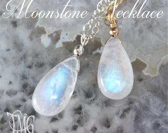 Moonstone Necklace, June Birthstone, Moonstone Pendant Necklace, Genuine Gemstone Crystal Necklace, Bridal Necklace, Sterling Silver