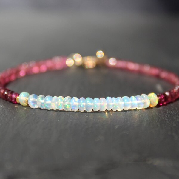 Opal Bracelet with Pink Tourmaline, Opal Bracelet, Tourmaline Bracelet, Pink Tourmaline, Dainty Gemstone Beaded Bracelet, October Birthstone