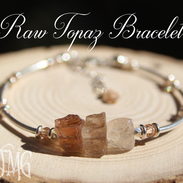 Raw Topaz Bracelet, November Birthstone, Dainty Genuine Gemstone Crystal Bracelet, Adjustable Bracelet, Bangle Bracelet