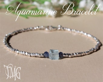 Aquamarine Bracelet with Sapphire, March Birthstone, Dainty Genuine Gemstone Crystal Bracelet, Petite Dainty, Karen Hill Silver Bracelet