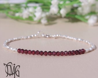 Garnet Bracelet with Karen Hill Silver, January Birhtstone, Rhodolite Garnet, Dainty Beaded Genuine Gemstone Crystal, Sterling Silver