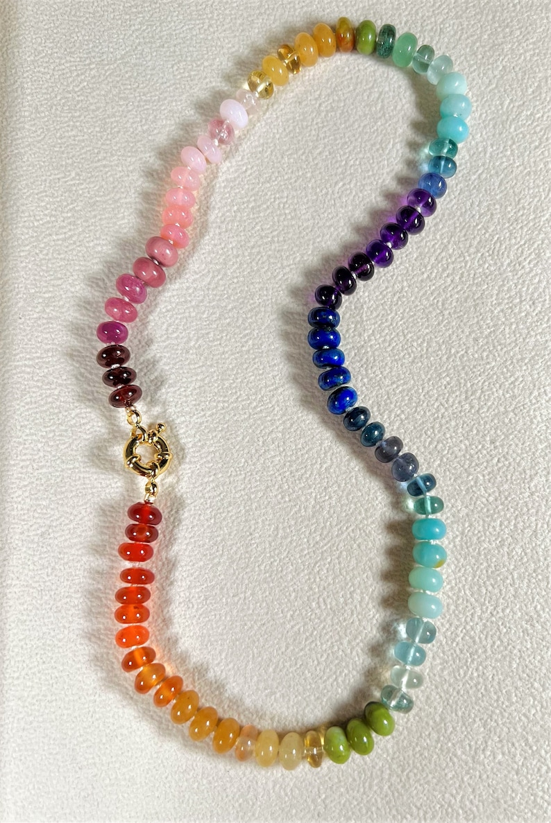 Rainbow Necklace I 8 mm Knotted, Knotted Gemstone Necklace, Rainbow Gemstone Chunky Necklace, Silk Knotted Semiprecious Gemstone image 4