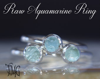 Raw Aquamarine Ring for March Birthstone with Genuine Gemstone Stackable Crystal Dainty Ring