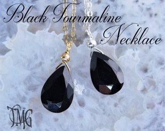 Black Tourmaline Necklace, October Birthstone, Genuine Gemstone Crystal Necklace, Protection Necklace, Chakra Necklace, Sterling Silver