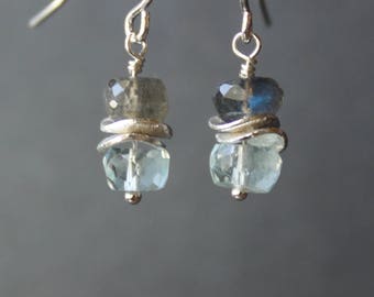 Aquamarine Earrings, Labradorite Earrings, Gemstone Earrings, Short Earrings, Dangling Earrings, March Birthstone