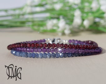 Garnet, Amethyst, Sapphire Bracelet Set, January, February, September Birthstone, Genuine Gemstone Dainty Beaded Bracelet, Sterling Silver