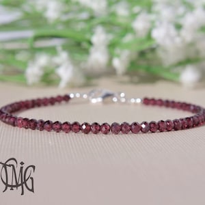 Garnet Bracelet, Rhodolite Garnet, January Birthstone, All Garnet, Gemstone Dainty Beaded Bracelet, Sterling Silver, Red Bracelet