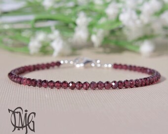 Garnet Bracelet, Rhodolite Garnet, January Birthstone, All Garnet, Gemstone Dainty Beaded Bracelet, Sterling Silver, Red Bracelet