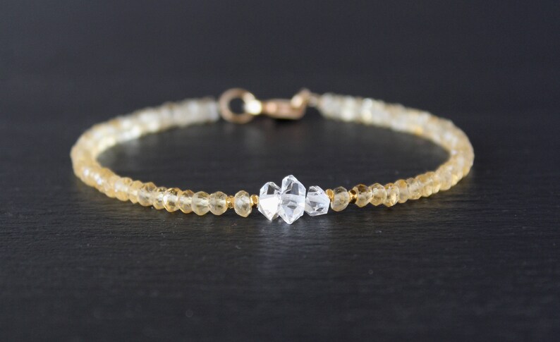 Citrine Bracelet, Herkimer Diamond Bracelet, Dainty Beaded Bracelet, November birthstone, Skinny Bracelet, Anklet, Genuine Gemstone Crystal image 2