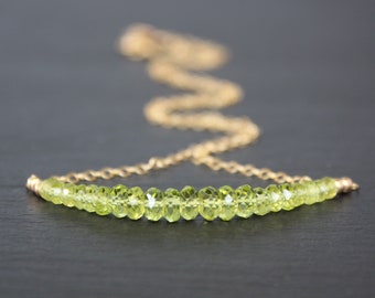 Peridot Necklace, August Birthstone, Genuine Gemstone Peridot Necklace, Gold Filled, Sterling Silver, Beaded Bar Necklace