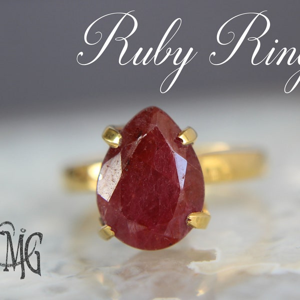 Ruby Ring, July Birthstone, Genuine Ruby Ring, Genuine Gemstone Crystal Ring, Gold Vermeil over Sterling Silver, Solitaire Ring