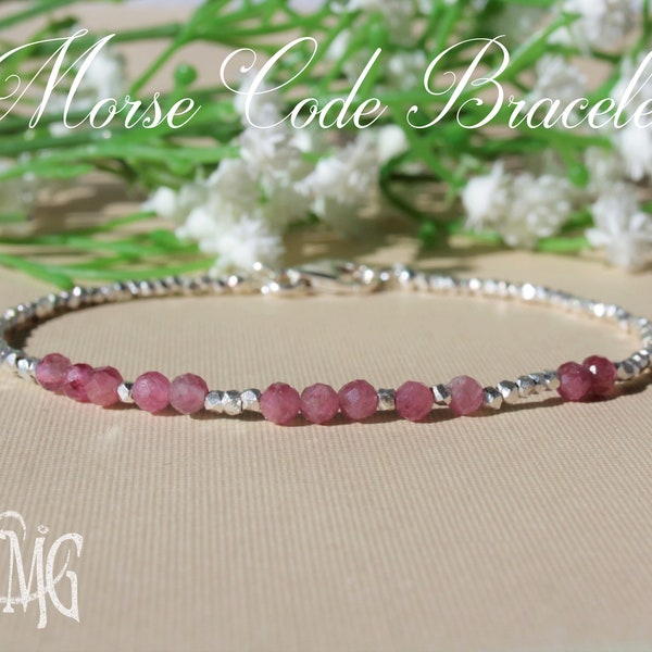 Gemstone Morse Code Bracelet, Birthstone with Customized Message, Petite Dainty Genuine Gemstone Crystal Bracelet, Karen Hill Silver