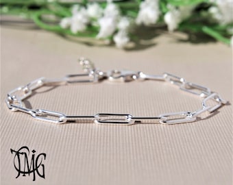 Solid 925 Sterling Silver Bracelet, Paper Clip Link Chain Bracelet, Genuine Sterling Silver Bracelet, Dainty Bracelet, Adjustable Length