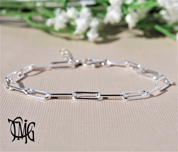Solid 925 Sterling Silver Bracelet, Paper Clip Link Chain Bracelet, Genuine Sterling Silver Bracelet, Dainty Bracelet, Adjustable Length